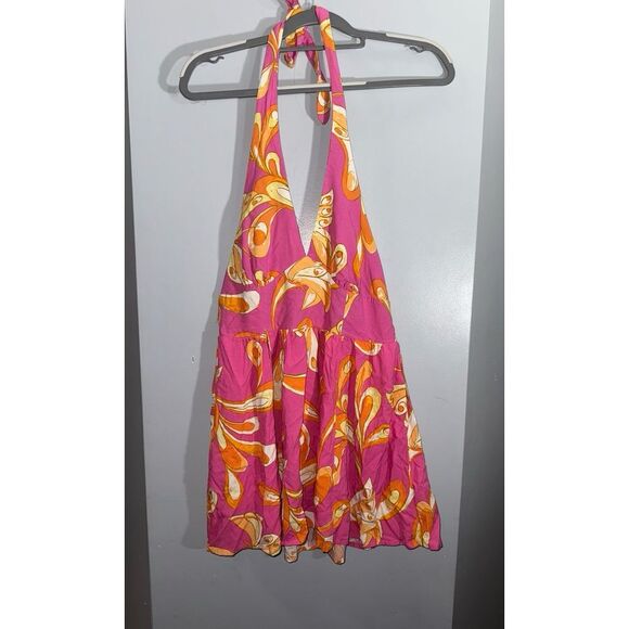 Urban Outfitters triangle halter dress pink yellow flourish swirl size medium - Picture 1 of 6